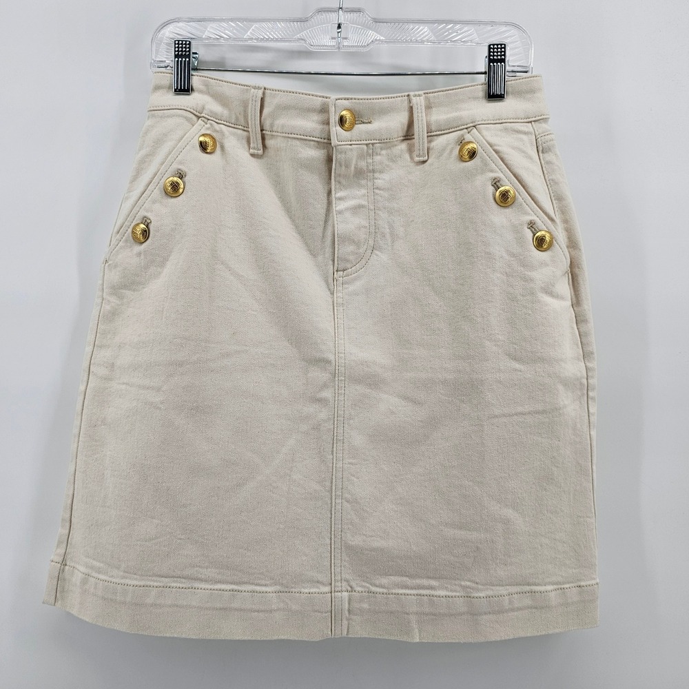 Talbots Denim Skirt Womens 4 Cream Gold Button Nautical Sailor A-Line 378122 NWT